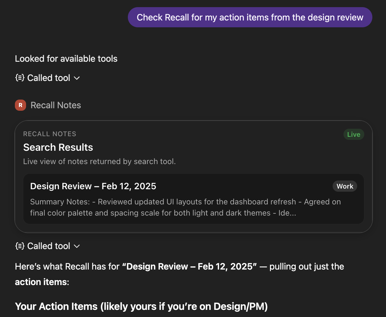 Screenshot showing Recall surfacing action items