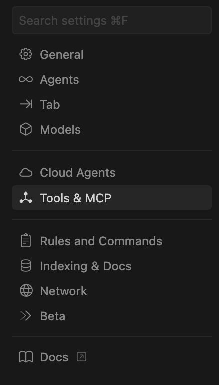 Cursor settings showing the Tools & MCP section