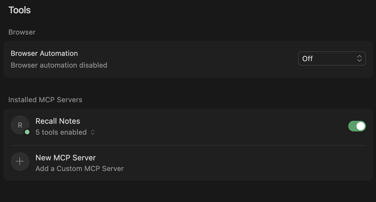 Cursor MCP server configuration showing Recall Notes