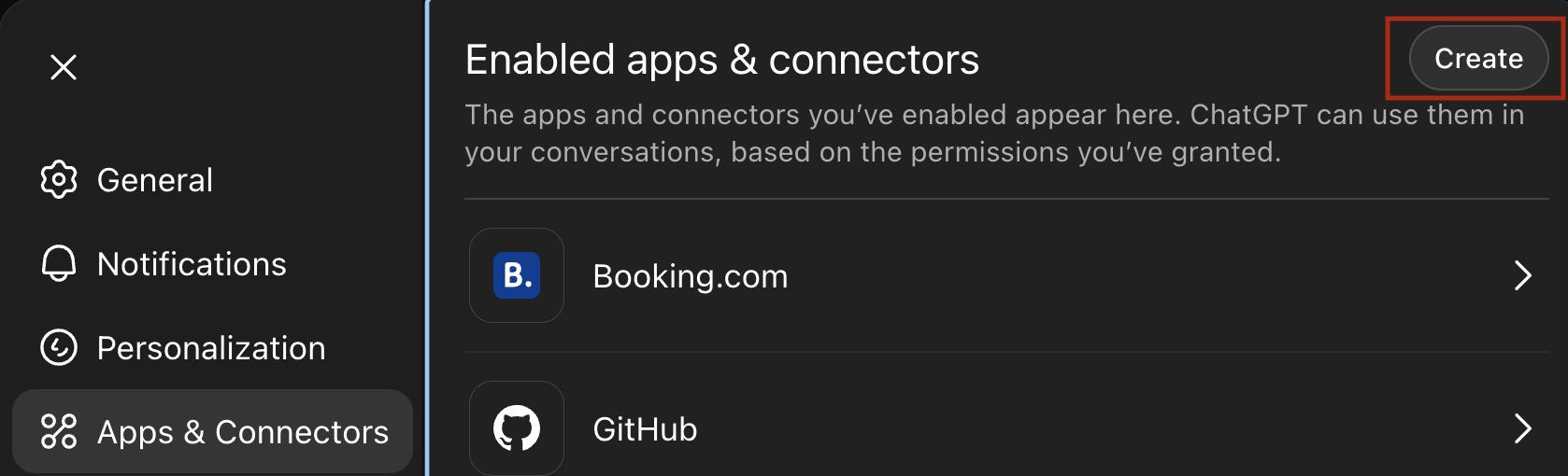 ChatGPT connectors panel highlighting the Create button
