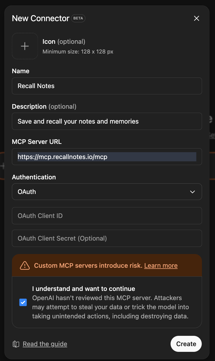 Filled ChatGPT connector form for Recall
