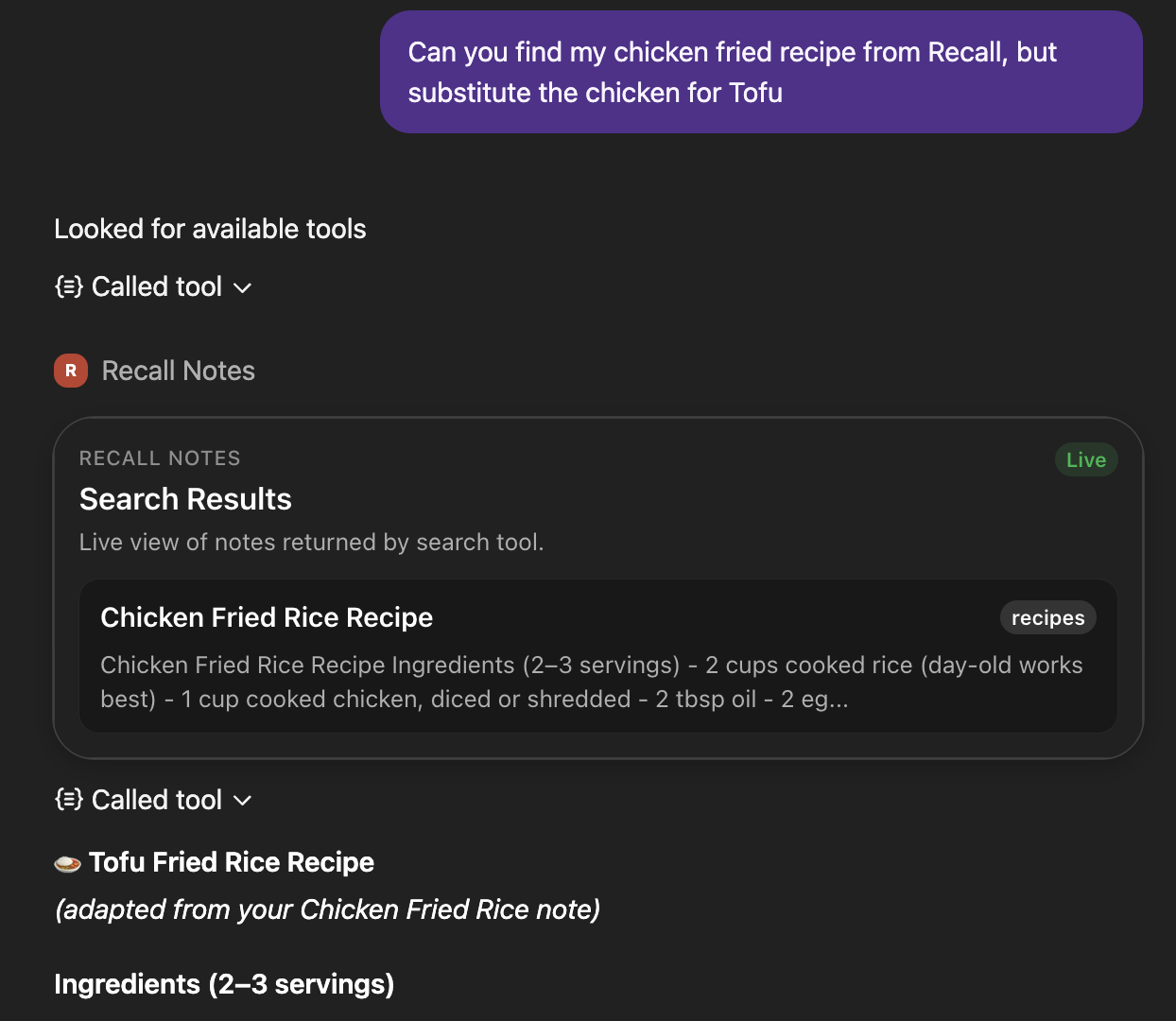 Screenshot showing recalling a saved recipe