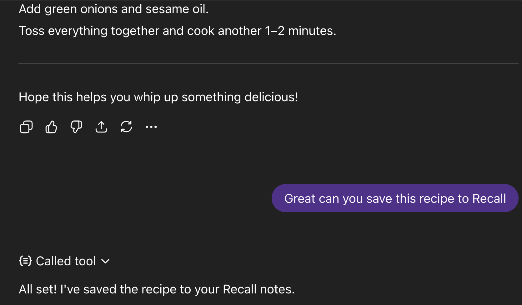Screenshot showing saving a recipe to Recall