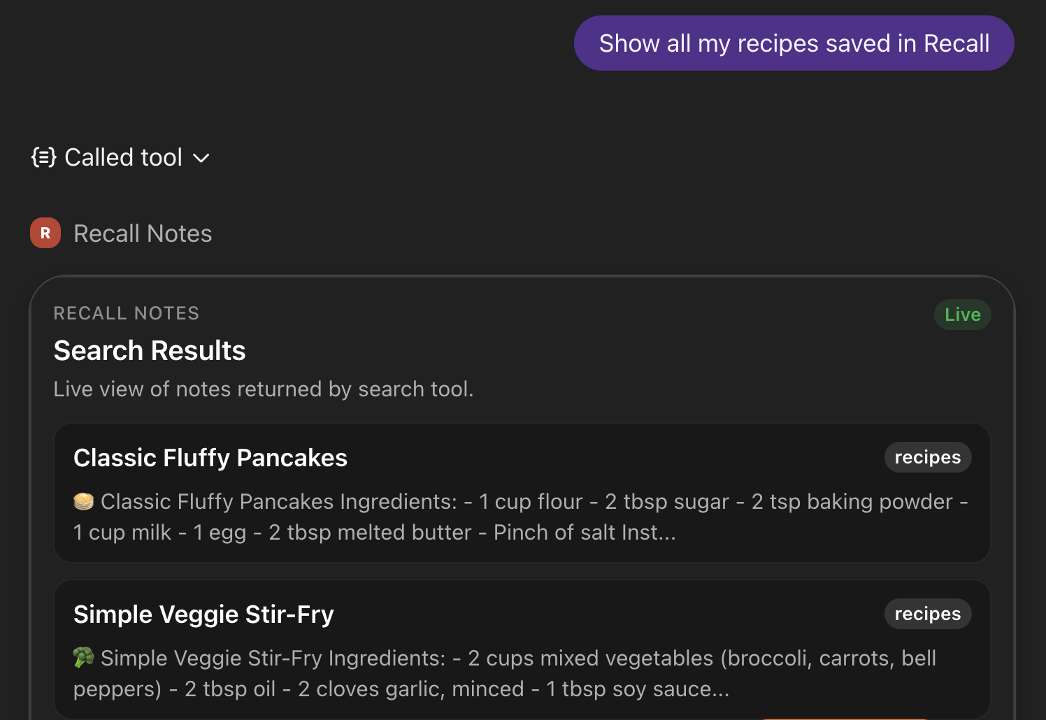 Screenshot of Recall search results inside ChatGPT